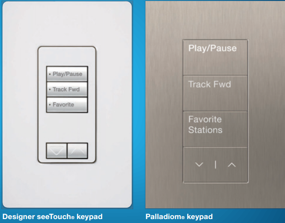 Bàn phím Palladiom của Lutron tích hợp thêm nút khắc chữ điều khiển nghe nhạc.