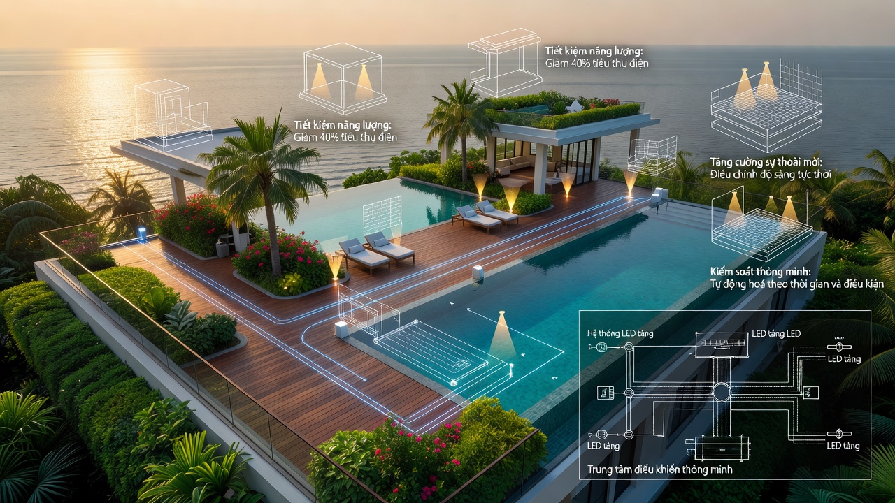 Thiết Kế Chiếu Sáng Rooftop Đà Nẵng: Phân Lớp Ánh Sáng và Tích Hợp DMX/RDM Tiết Kiệm Năng Lượng