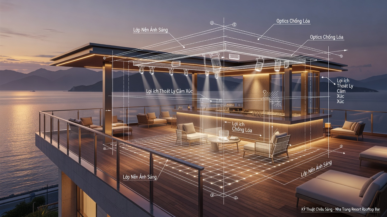 Thiết Kế Ánh Sáng Phân Tầng: Tạo Không Gian Thoát Ly Cho Rooftop Bar Nha Trang